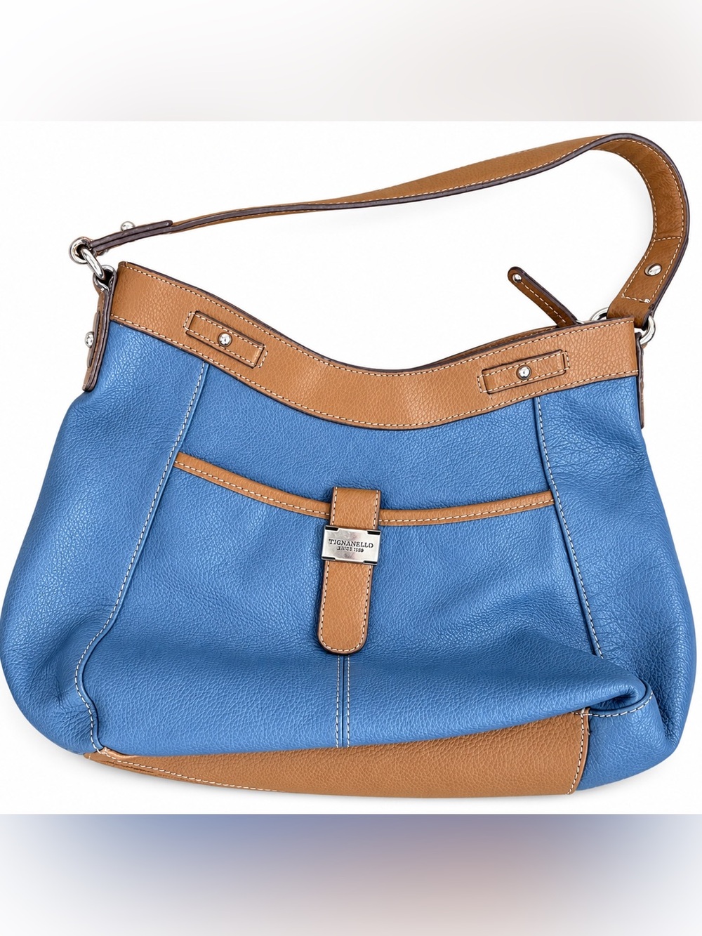 Tignanello Blue & Cognac Genuine Leather Shoulder Purse Handbag